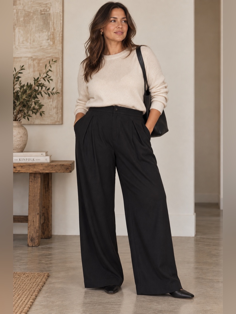 Jenni Kayne Black 100% Silk Wide Leg Pleated Trousers Size 12 Minimalist
